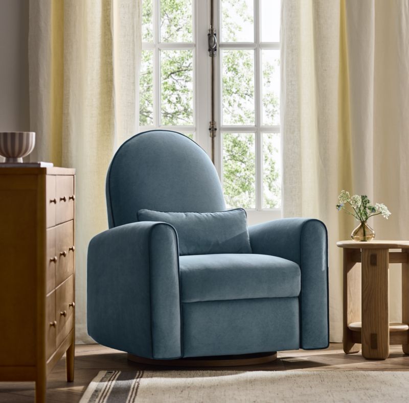 Miles Ocean Blue Velvet Nursery Power Recliner Swivel Chair with Wooden Base - image 3 of 12