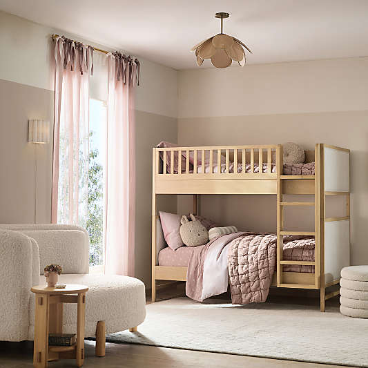 Beau Natural Oak Wood and Upholstered Kids Convertible Bunk Bed