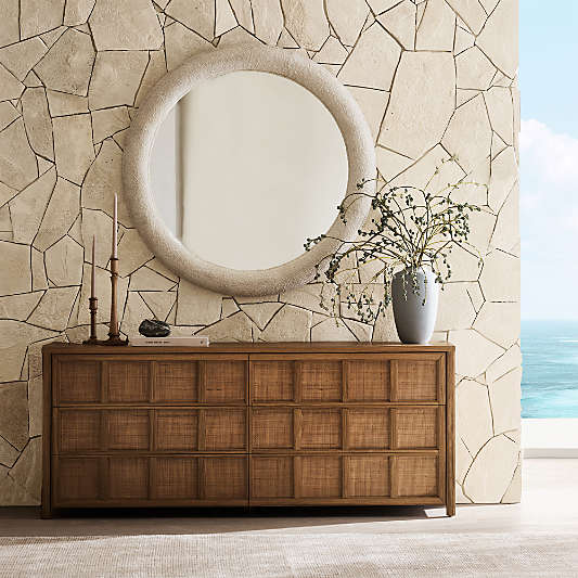 Campagna 71" Rattan and Natural Oak Wood 6-Drawer Dresser