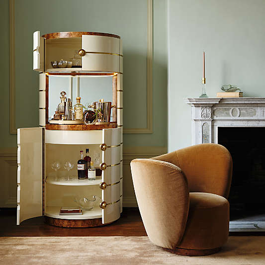 Arlo Burl Wood & Brass 34" Gloss Lacquer Bar Cabinet by Laura Harrier & Tiffany Howell
