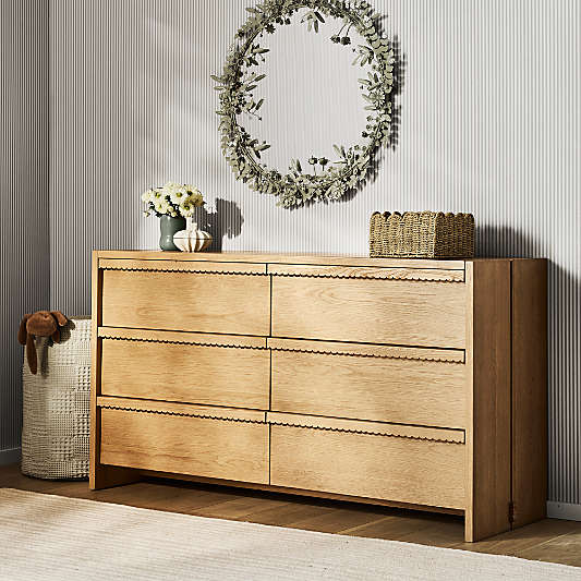 Raya 58" Natural Oak Wood Wide 6-Drawer Kids Dresser