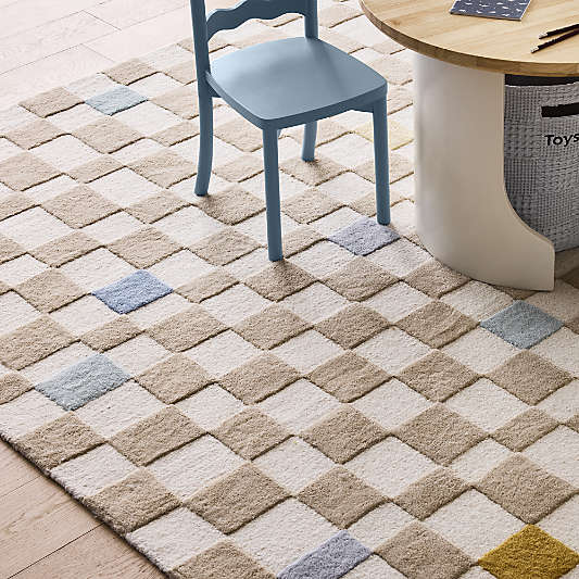 Imperfect Checkerboard Multi Blue Wool Kids Area Rug 5'x8'