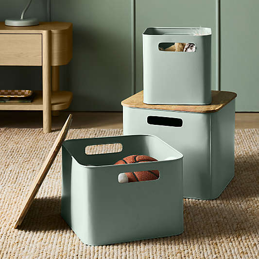 Outline Sage Large Metal Floor Storage Bin with Wood Lid