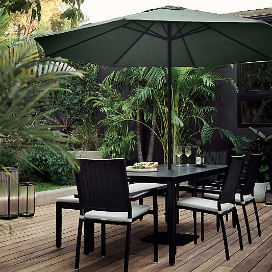 Alfresco 78" Black Metal Outdoor Dining Table Set with Bench and Silver Sunbrella ® Cushions