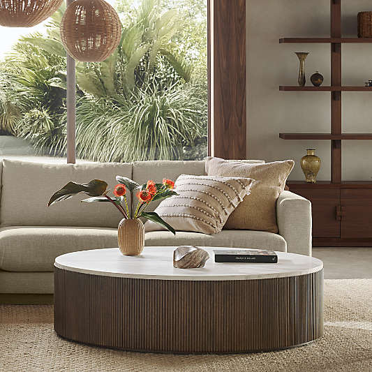 Troupe Marble and Oak Wood Ribbed 56" Round Coffee Table
