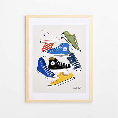 Converse Blue All Stars Jumble Maple Wood Framed Wall Art Print