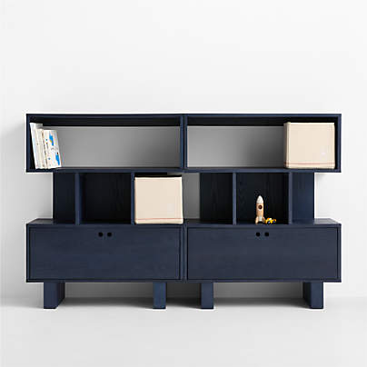 Converse Set of 2 Vent Dyed Navy Blue Wood Kids Bookcase with Drawer