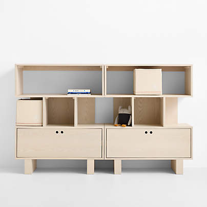 Converse Set of 2 Vent Whitewashed Ash Wood Kids Bookcase with Drawer