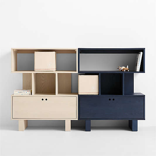 Converse Vent Whitewashed Ash and Dyed Navy Blue Wood Kids Bookcase Set with Drawer