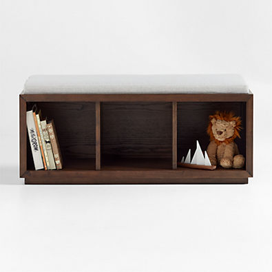 View Cade Deep Brown Wood 3-Cube Bookcase Bench with Natural Bench Cushion details