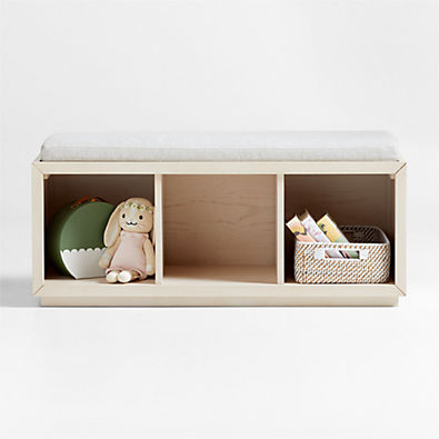 View Cade Sunwashed Wood 3-Cube Bookcase with Natural Bench Cushion details