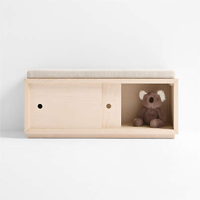 Cade Sunwashed Wood 3-Cube Sliding Door Bench with Natural Cushion