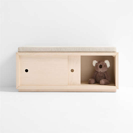 Cade Sunwashed Wood 3-Cube Sliding Door Bench with Natural Cushion
