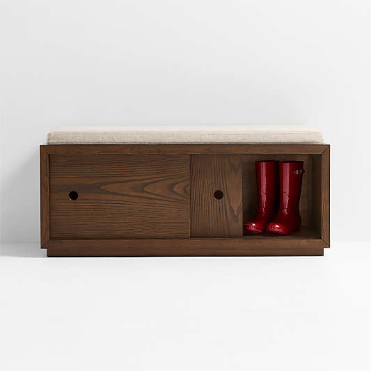 Cade Deep Brown Wood 3-Cube Sliding Door Bench with Natural Cushion