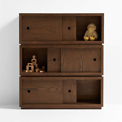 Cade Set of 3 Deep Brown Wood Stackable Sliding Door Cube Bookcase