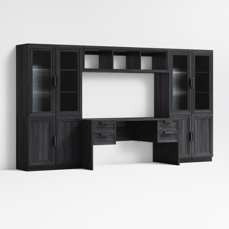 Calypso 64" Black Wood Desk with 2 Modular Wood Door Cabinet Bases and 2 Glass-Door Bookshelf Hutches and Bridge - image 2 of 3