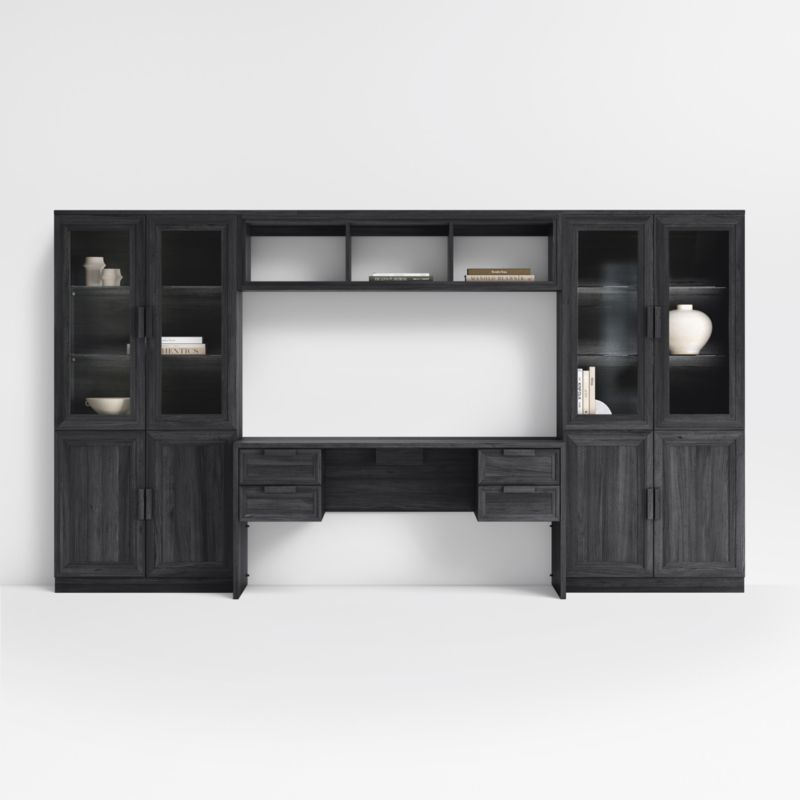 Calypso 64" Black Wood Desk with 2 Modular Wood Door Cabinet Bases and 2 Glass-Door Bookshelf Hutches and Bridge - image 0 of 3