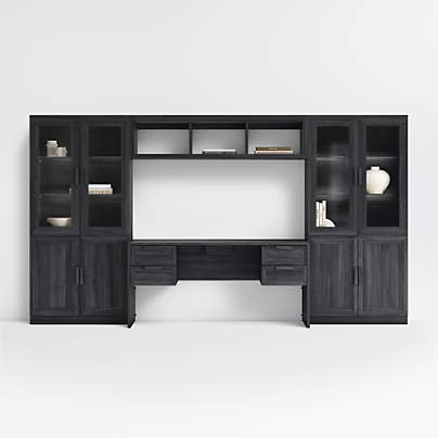 Calypso 64" Black Wood Desk with 2 Modular Wood Door Cabinet Bases and 2 Glass-Door Bookshelf Hutches and Bridge