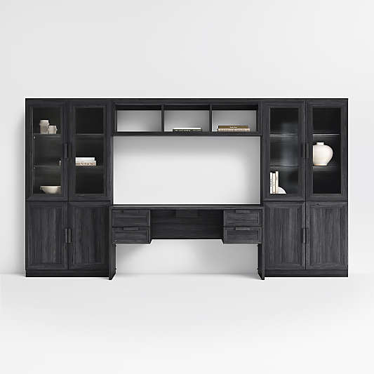 Calypso 136" Black Wood Desk Set with Glass and Wood Storage Cabinet and Bridge