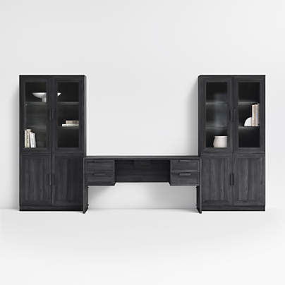 Calypso 64" Black Wood Desk with 2 Modular Wood Door Cabinet Bases and 2 Glass-Door Bookshelf Hutches