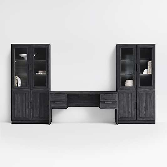 Calypso 136" Black Wood Desk Set with Glass and Wood Storage Cabinet