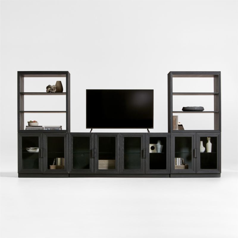 Calypso Black Elm Wood 72" Storage Media Console with 2 Modular Glass-Door Bases and 2 Hutch Bookcases