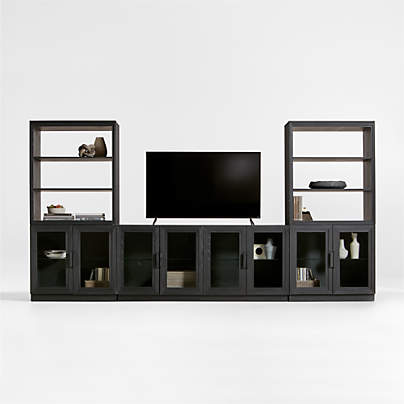 Calypso Black Elm Wood 72" Storage Media Console with 2 Modular Glass-Door Bases and 2 Hutch Bookcases