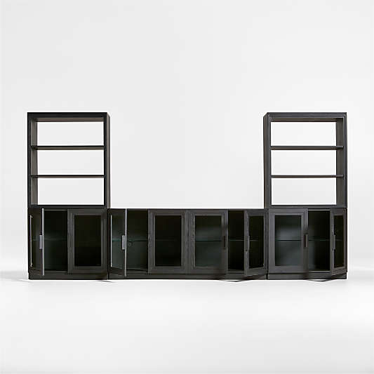 Calypso Black Elm Wood 72" Storage Media Console with 2 Modular Glass-Door Bases and 2 Hutch Bookcases