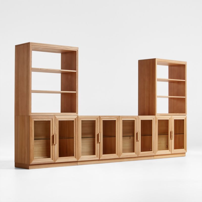 Calypso Natural Elm Wood 72" Storage Media Console with 2 Glass-Door Bases and 2 Modular Hutch Bookcases