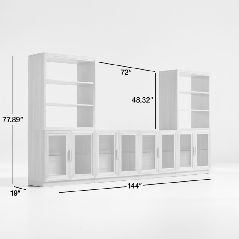 Calypso Natural Elm Wood 72" Storage Media Console with 2 Glass-Door Bases and 2 Modular Hutch Bookcases