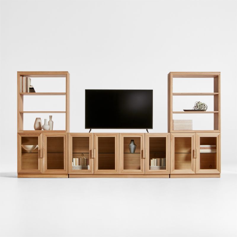 Calypso Natural Elm Wood 72" Storage Media Console with 2 Glass-Door Bases and 2 Modular Hutch Bookcases