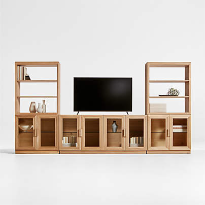 Calypso Natural Elm Wood 72" Storage Media Console with 2 Glass-Door Bases and 2 Modular Hutch Bookcases