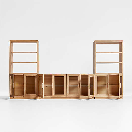 Calypso 144" Natural Wood Media Console Set with Glass Door Bookcase