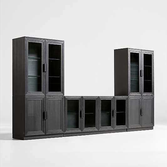 Calypso Black Elm Wood 72" Storage Media Console with 2 Modular Wood-Door Cabinet Bases and 2 Glass-Door Hutches