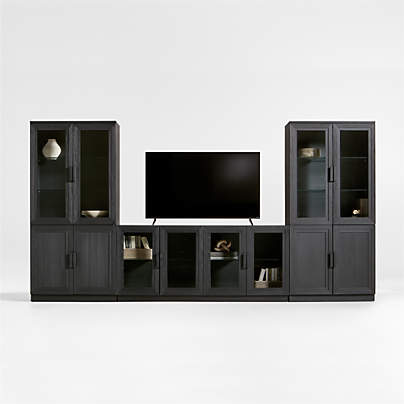 Calypso Black Elm Wood 72" Storage Media Console with 2 Modular Wood-Door Cabinet Bases and 2 Glass-Door Hutches