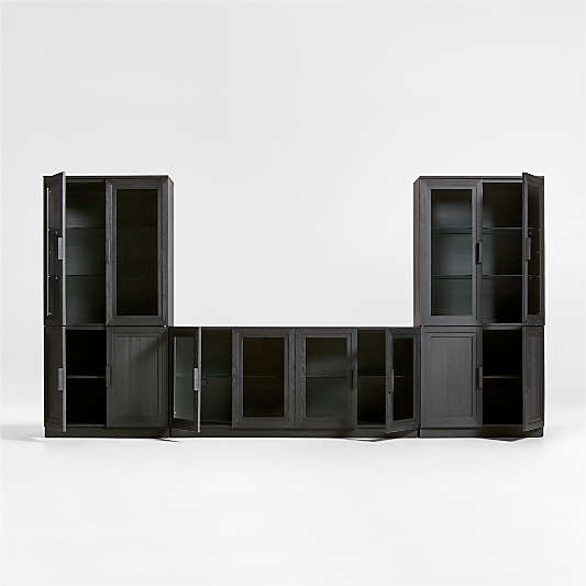 Calypso 144" Black Wood Media Console Set with Glass and Wood Storage Cabinet