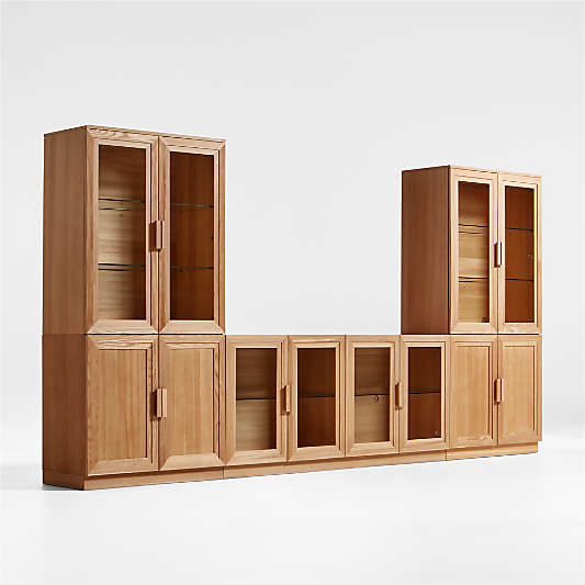 Calypso Natural Elm Wood 72" Storage Media Console with 2 Modular Wood-Door Cabinet Bases and 2 Glass-Door Hutches