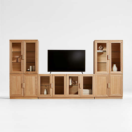 Calypso Natural Elm Wood 72" Storage Media Console with 2 Modular Wood-Door Cabinet Bases and 2 Glass-Door Hutches