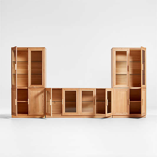 Calypso 144" Natural Wood Media Console Set with Glass and Wood Storage Cabinet