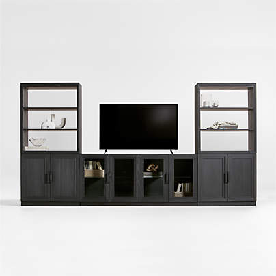 Calypso Black Elm Wood 72" Storage Media Console with 2 Modular Wood-Door Bases and 2 Hutch Bookcases