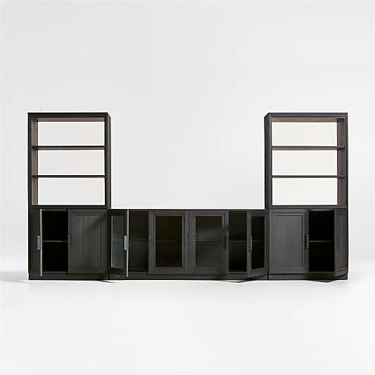 Calypso Black Elm Wood 72" Storage Media Console with 2 Modular Wood-Door Bases and 2 Hutch Bookcases