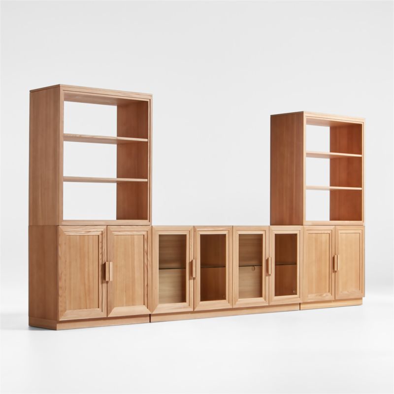 Calypso Natural Elm Wood 72" Storage Media Console with 2 Modular Wood-Door Bases and 2 Hutch Bookcases