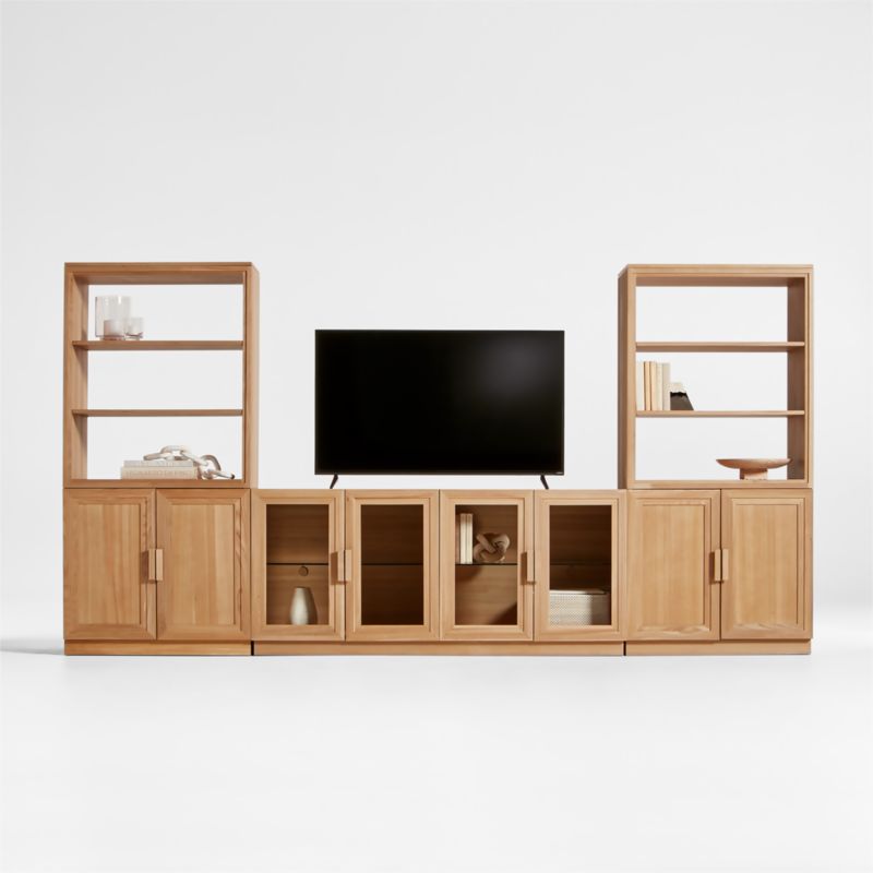 Calypso Natural Elm Wood 72" Storage Media Console with 2 Modular Wood-Door Bases and 2 Hutch Bookcases