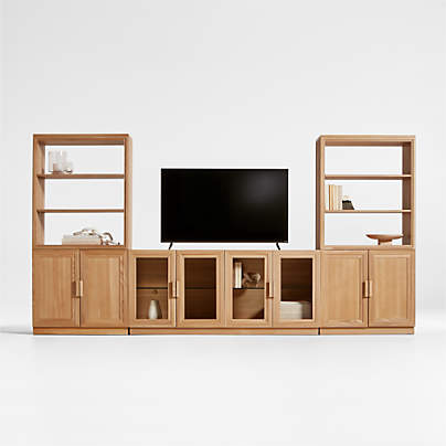 Calypso Natural Elm Wood 72" Storage Media Console with 2 Modular Wood-Door Bases and 2 Hutch Bookcases