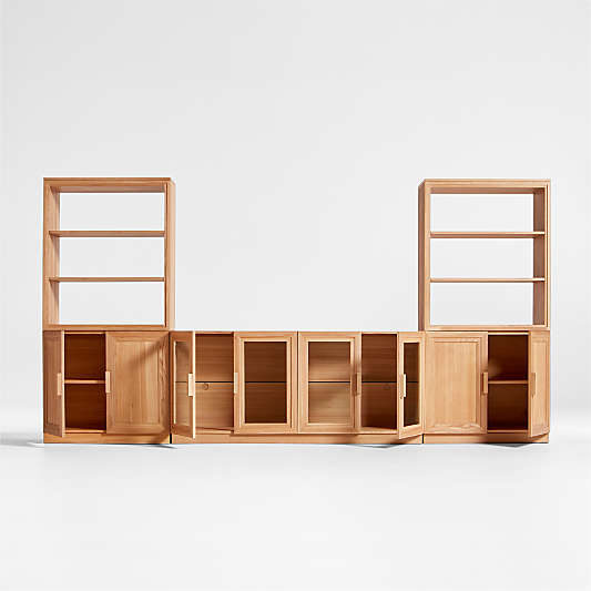 Calypso 144" Natural Wood Media Console Set with Wood Door Bookcase