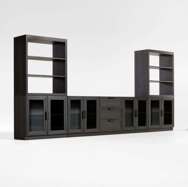 Calypso Black Elm Wood 90" Storage Media Console with 2 Modular Glass-Door Cabinet Bases and 2 Bookshelf Hutches