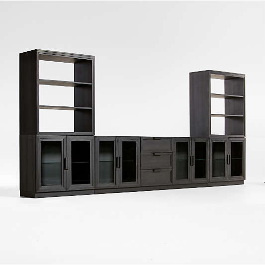 Calypso Black Elm Wood 90" Storage Media Console with 2 Modular Glass-Door Cabinet Bases and 2 Bookshelf Hutches