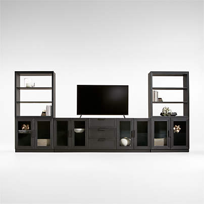 Calypso Black Elm Wood 90" Storage Media Console with 2 Modular Glass-Door Cabinet Bases and 2 Bookshelf Hutches