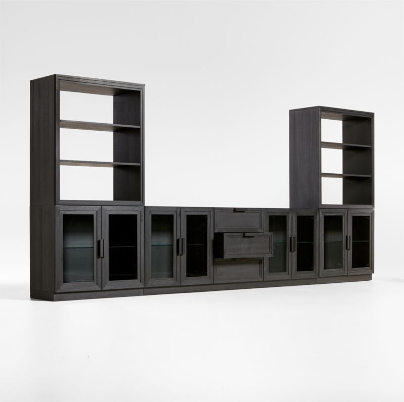 Calypso Black Elm Wood 90" Storage Media Console with 2 Modular Glass-Door Cabinet Bases and 2 Bookshelf Hutches