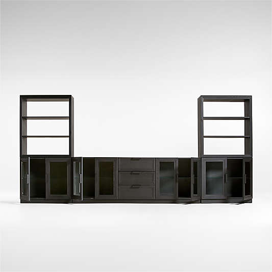 Calypso Black Elm Wood 90" Storage Media Console with 2 Modular Glass-Door Cabinet Bases and 2 Bookshelf Hutches